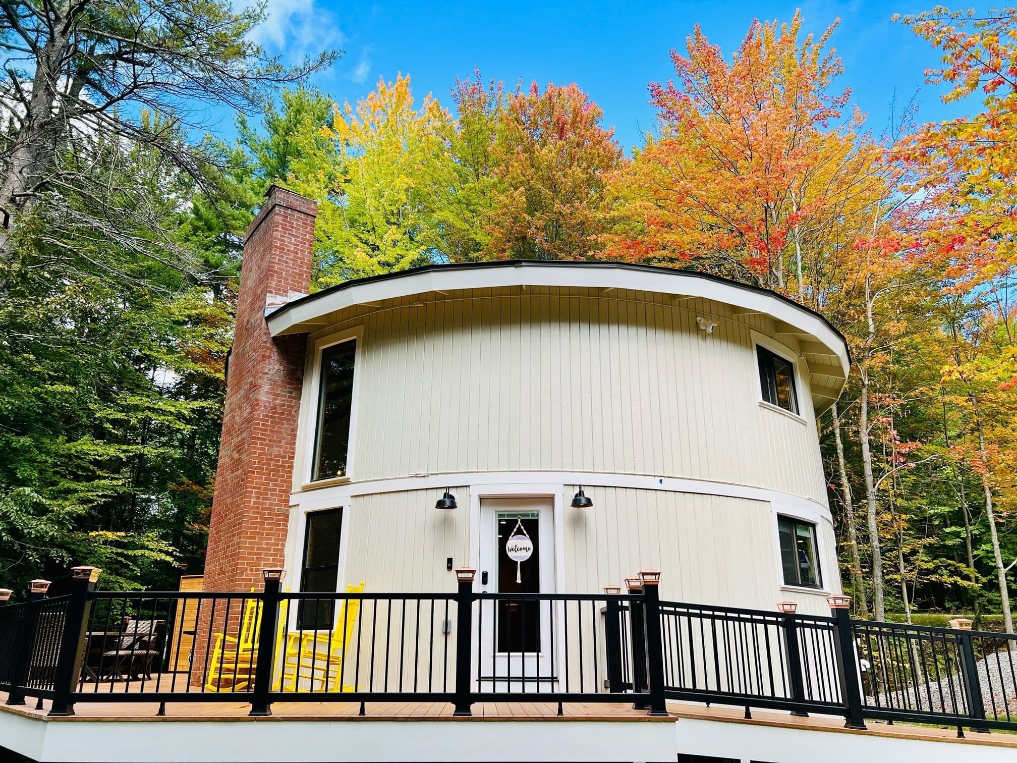 Stunning Round House exterior at dusk